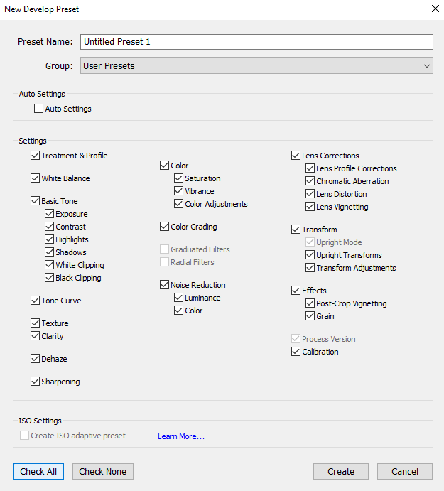 Step two in creating a Lightroom Preset: Check all and name the preset and folder