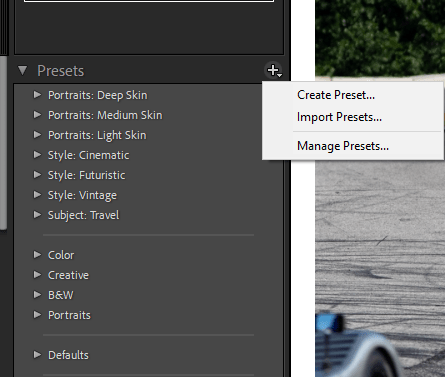 Step one in saving the lightroom preset: Click create a preset